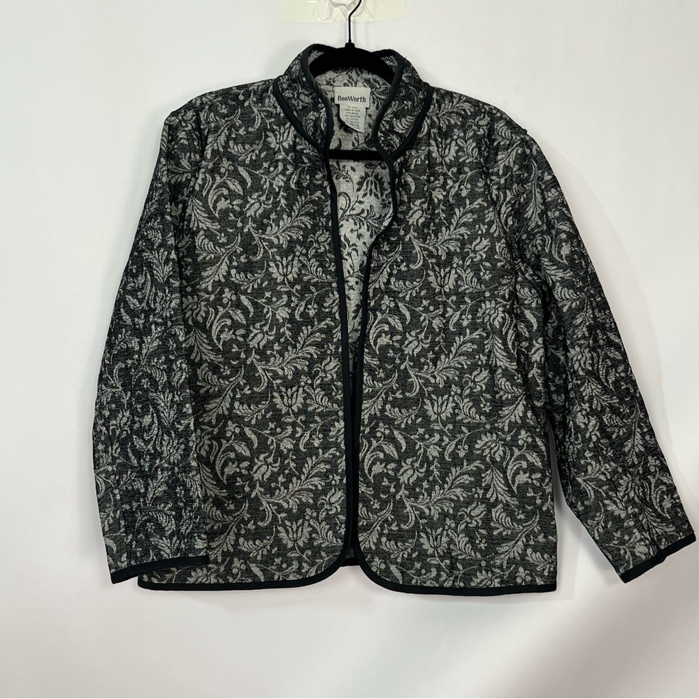 BonWorth Black Grey Silver Monochrome Open Front Blazer Jacket Quilted Sz Medium